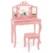 Set tavolo da trucco per bambini con sgabello, Set tavolo vanity principessa con specchio a tre pieghe in vetro Rosa-Toelette per bimbi