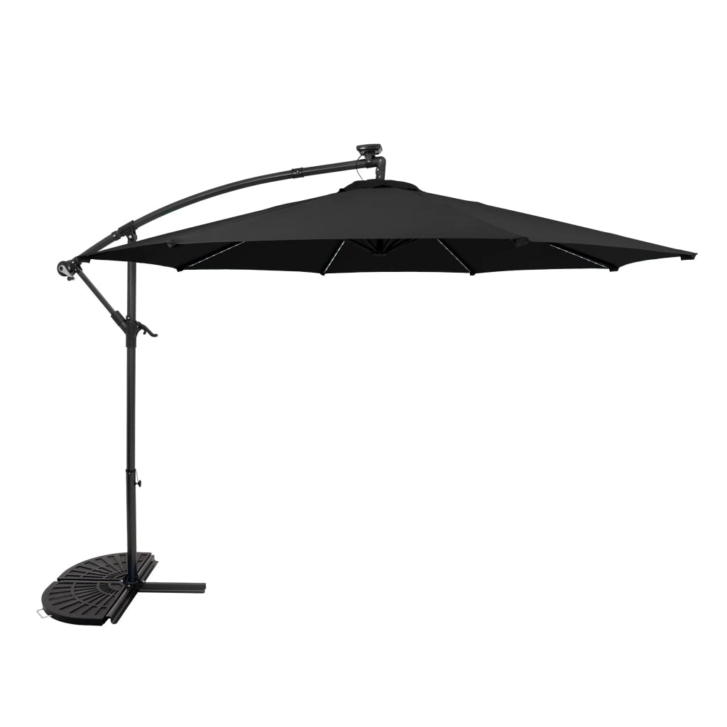 Ombrellone LED Decentrato 3m Nero Banana con Base 2 Pesi 28kg