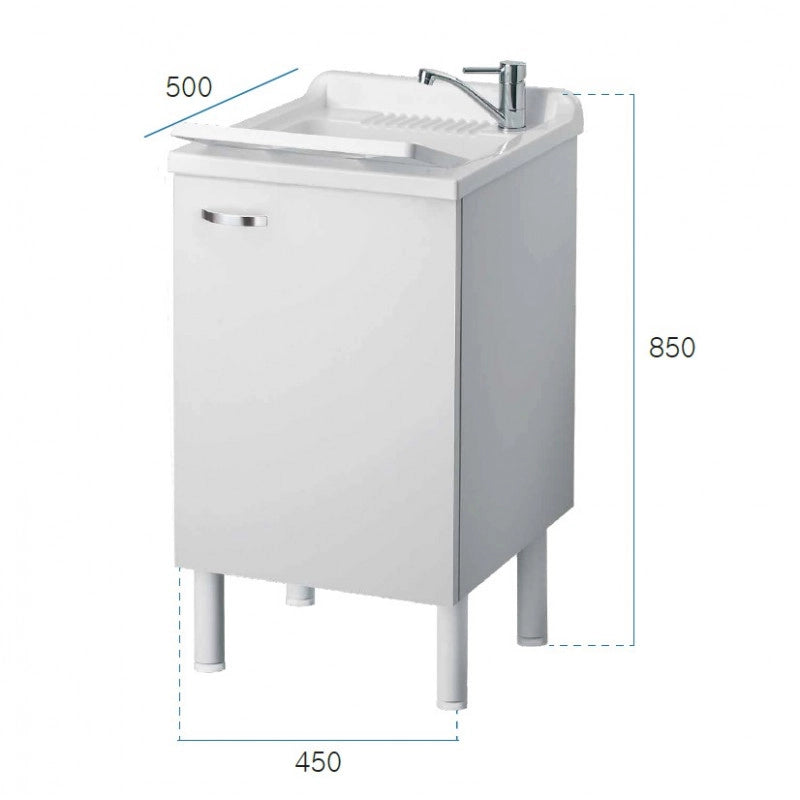 Lavatoio con mobile, lavapanni bianco in nobilitato idrofugo 60x50 cm con vasca in polipropilene e maniglie cromate  da interno  Negrari
