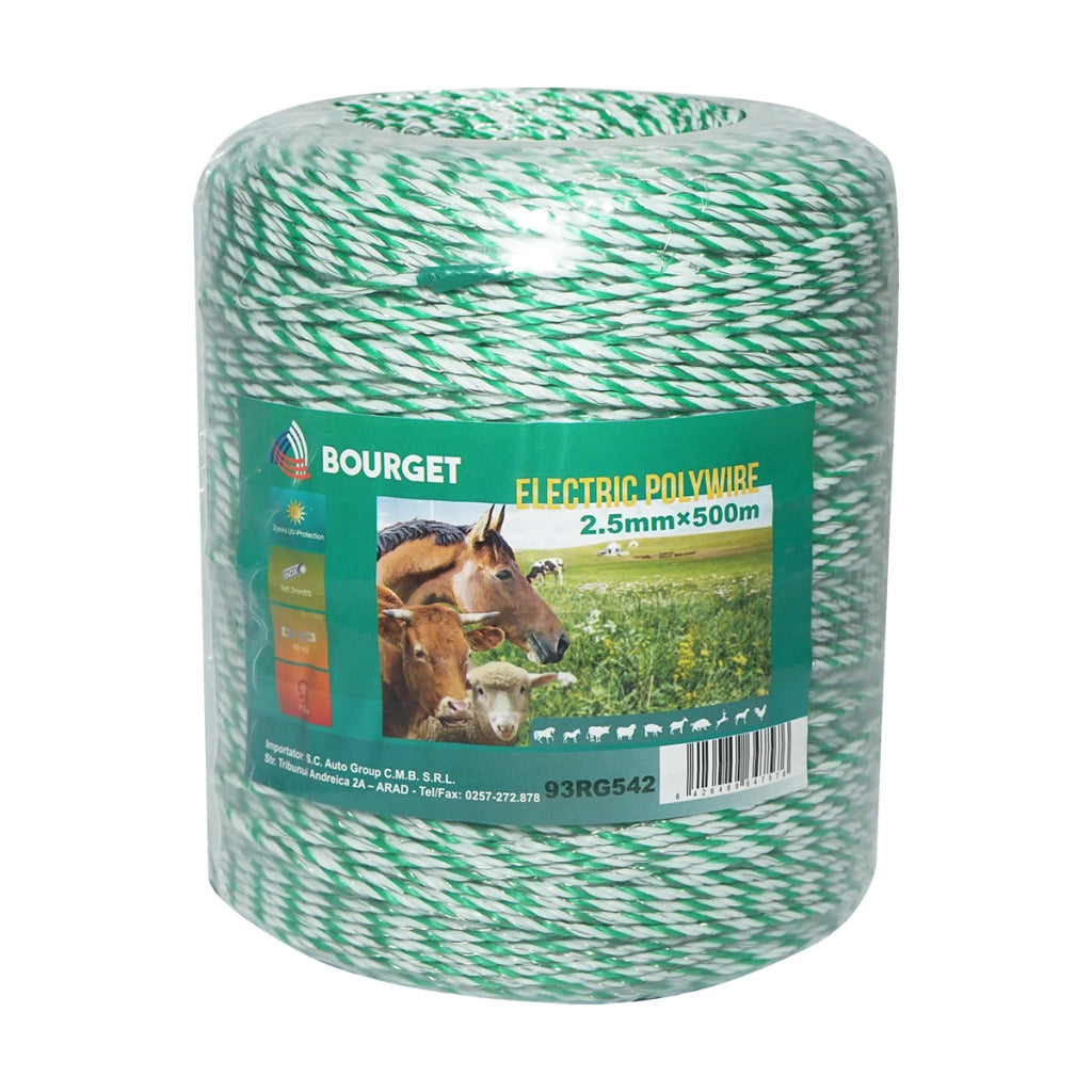 Rotolo di filo bianco-verde, diametro 2.5 mm, 4x0.2 mm SS, 500 m per recinzione elettrica, resistenza 7 Ohm, Bourget