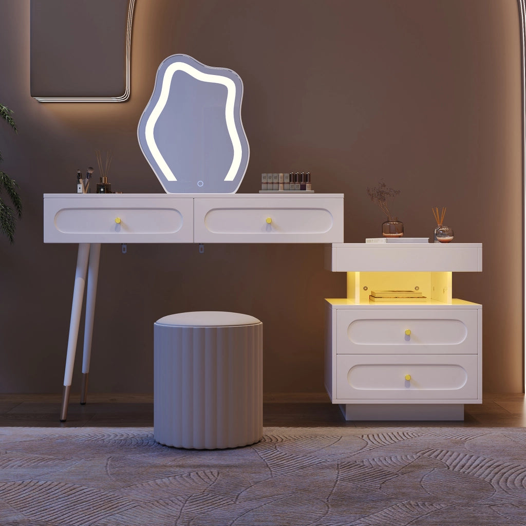 Toeletta con 4 cassetti; LED e vano aperto per camera da letto - bianco - 140×40×130 cm