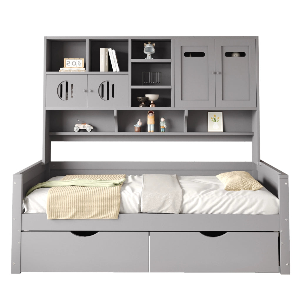 OKWISH Letto Divano 90×200 cm, Letto Singolo con 2 Cassetti, Vani Contenitore e Armadietti, senza Materasso, Legno, Grigio