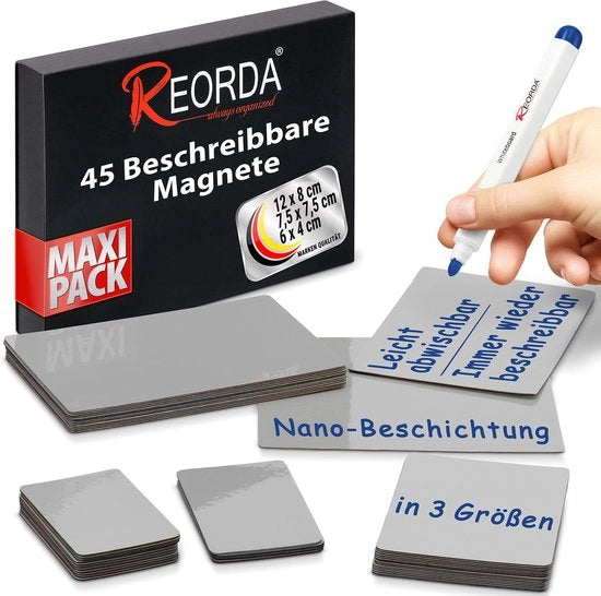 Strisce adesive magnetiche descrittabili - 45 magneti descrittabili in 3 misure (grigio) | Magnetici descrittabili per whiteboard, kanban e tabellone magnetico | Magnetici descrittabili per frigorifero