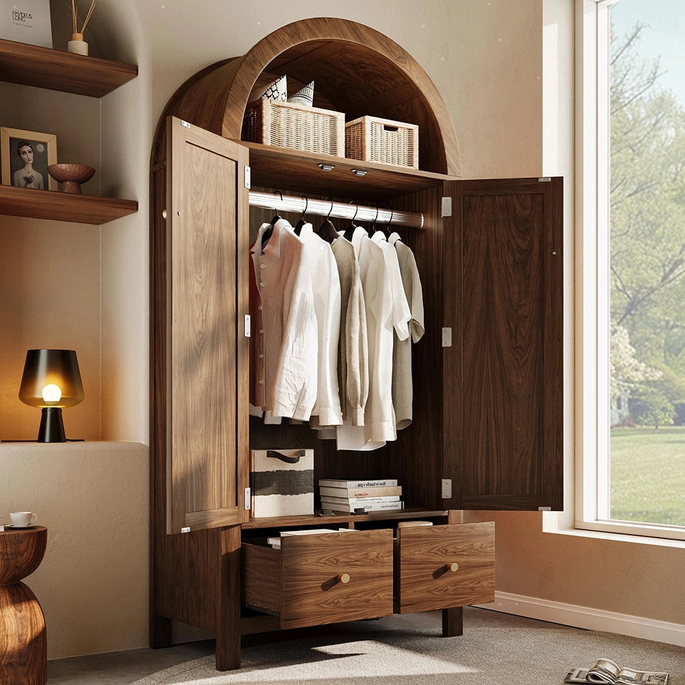 Armadio per soggiorno - Xylo - 181x78x45 cm - Aspetto noce - Tressatura in rattan, 2 ante magnetiche, 2 cassetti