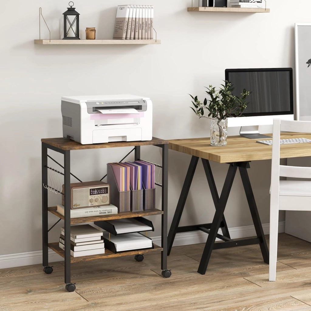 Carrello da Cucina con Rotelle, Carrello a 3 Livelli con Ripiani Regolabili e 10 Ganci a S, Carrello di Servizio in Legno e Metallo, Carrello Multiuso per Ufficio Cucina (Industria)