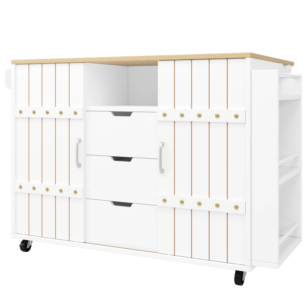 Isola cucina con piano ribaltabile, carrello cucina bianco con ante scorrevoli, cassetti e ruote
