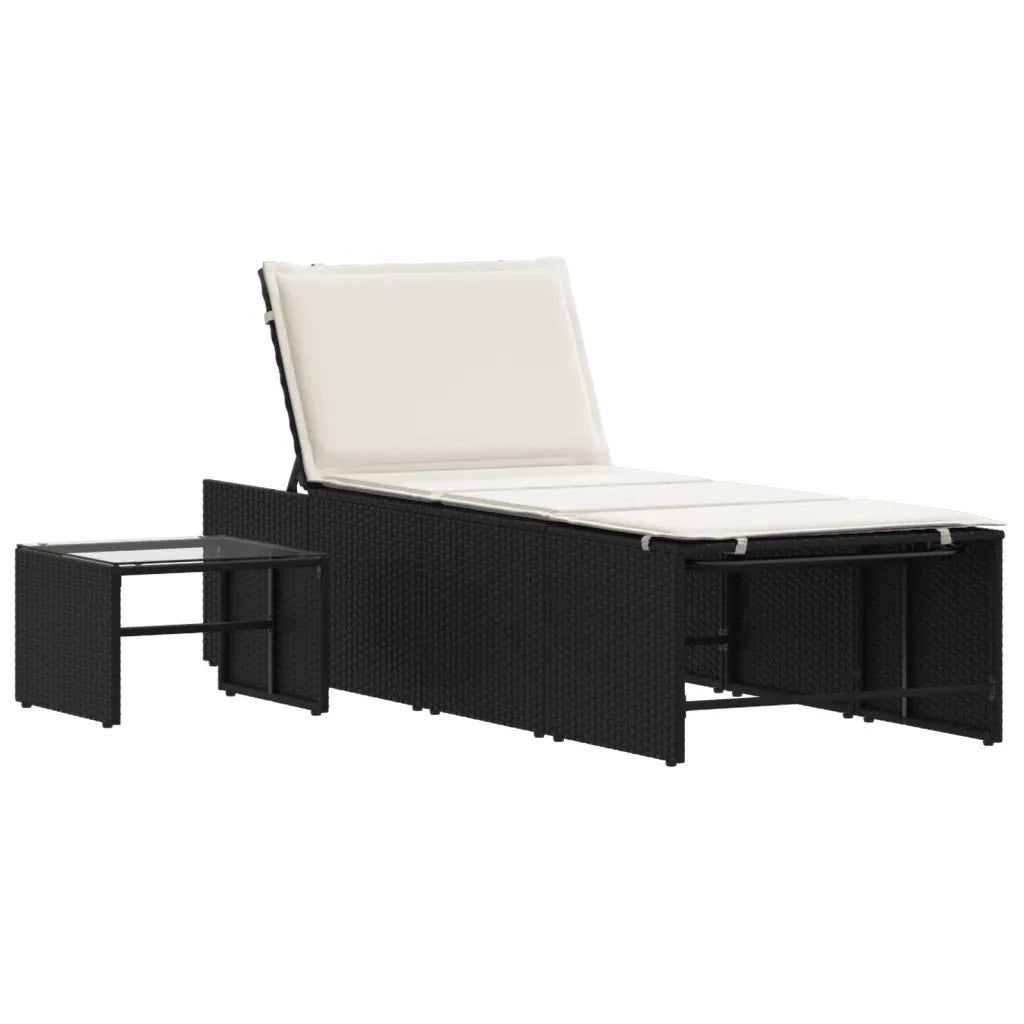 Lettini prendisole modulari 2 pz con tavolo nero in polyrattan 368422