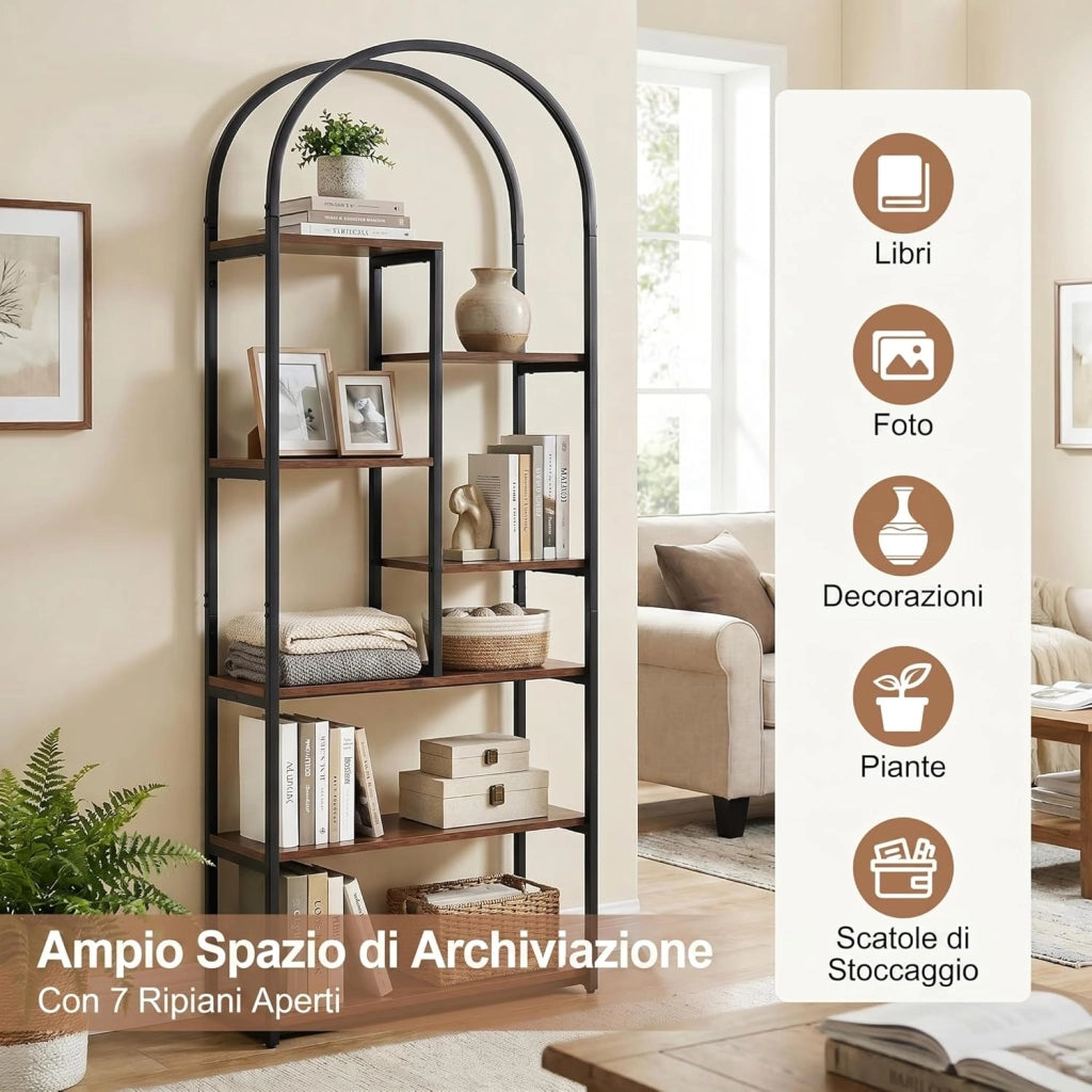 Libreria ad Arco, Libreria a 7 Ripiani Aperto con 2 kit Antiribaltamento e Piedini Regolabili, Scaffale Portaoggetti con Struttura in Legno, Espositore per Soggiorno Ufficio, 70x30x181,5 cm