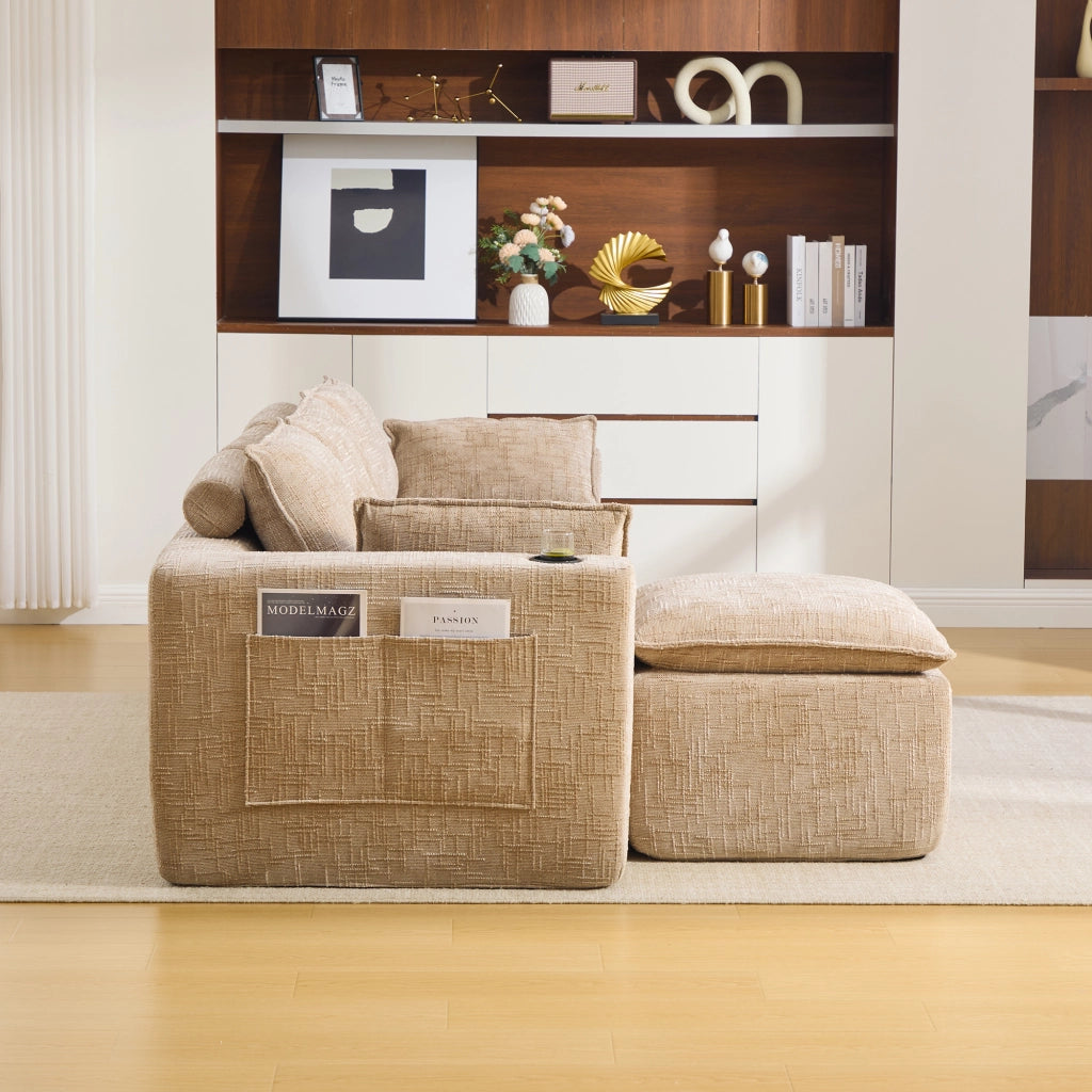 Divano modulare 3 posti con tasche laterali e cuscini, in chenille khaki e nucleo a molle, 256 × 161 × 75 cm