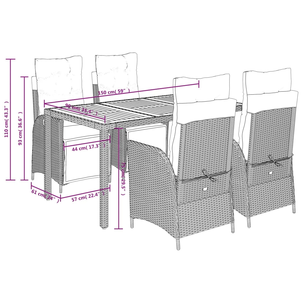 Set da Pranzo da Giardino 5 pz Nero con Cuscini in Polyrattan 3213334