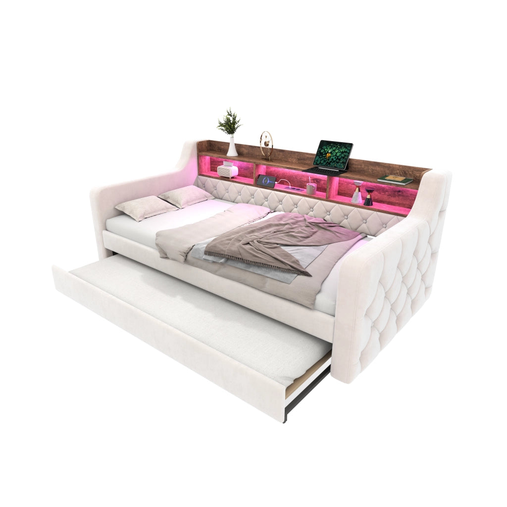 Letto divano estraibile 90 × 190 cm con contenitore, LED regolabile, USB Type-C, senza materasso, in velluto beige