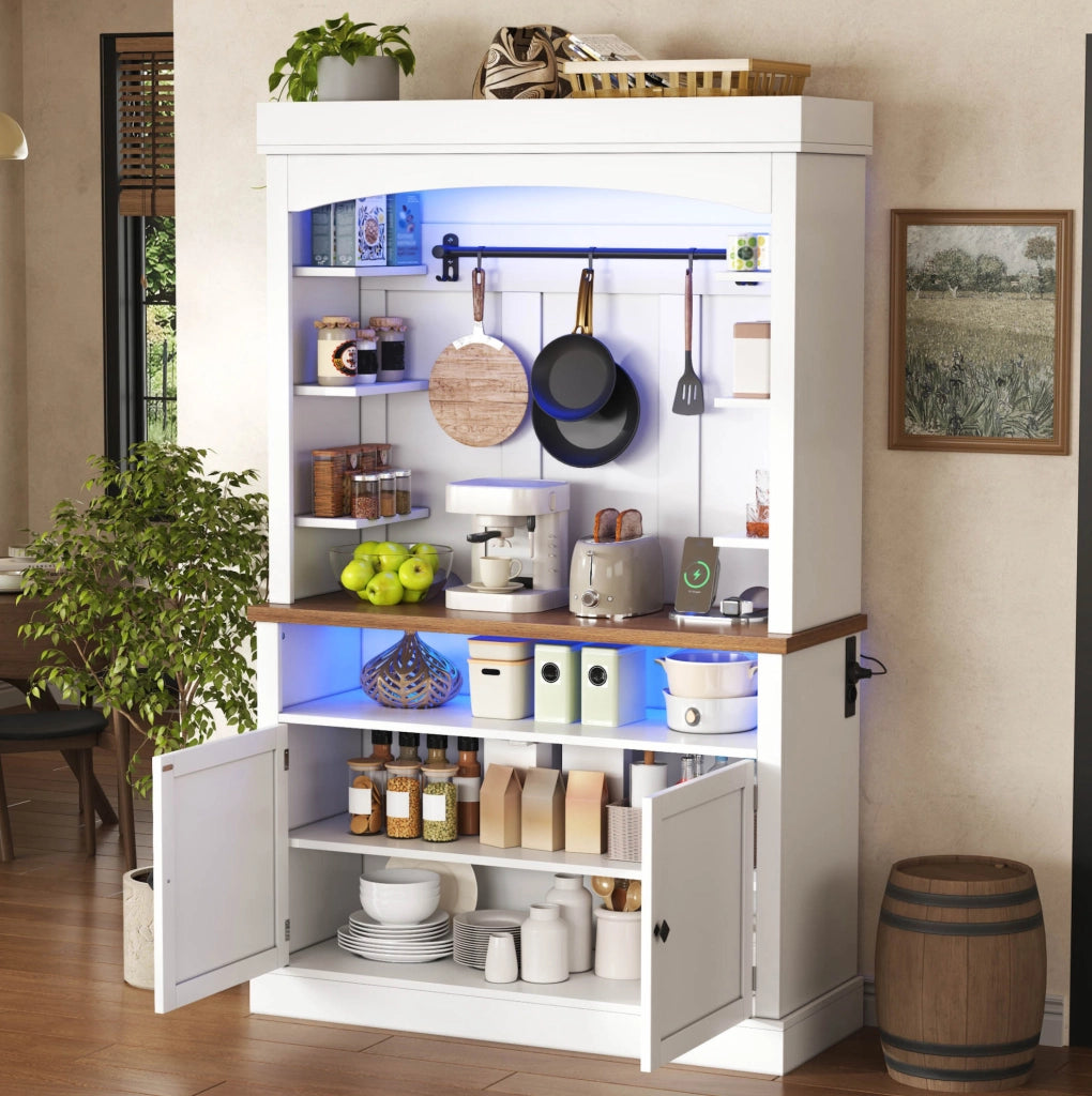 Credenza ad arco 106x43x183 cm con illuminazione LED RGB e presa integrata in MDF bianco