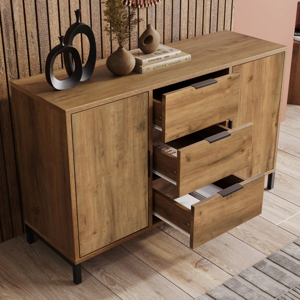 Cassettiera con 2 Ante e 3 Cassetti con Ripiano Regolabile; Stile Industriale; in Pannelli; Rovere Scuro; 120??40??76 cm