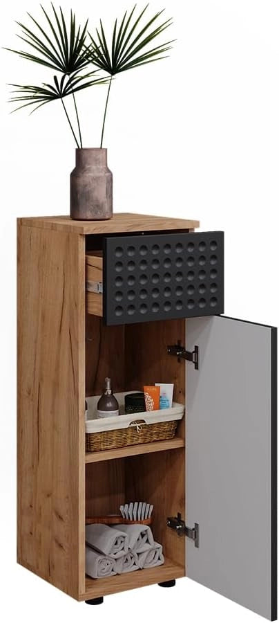 Mobile midi Irma, Antracite puntinato, 30 x 81 cm con 1 cassetto, 2 scomparti, bagno, per la conservazione in bagno, abbinabile alla serie Irma