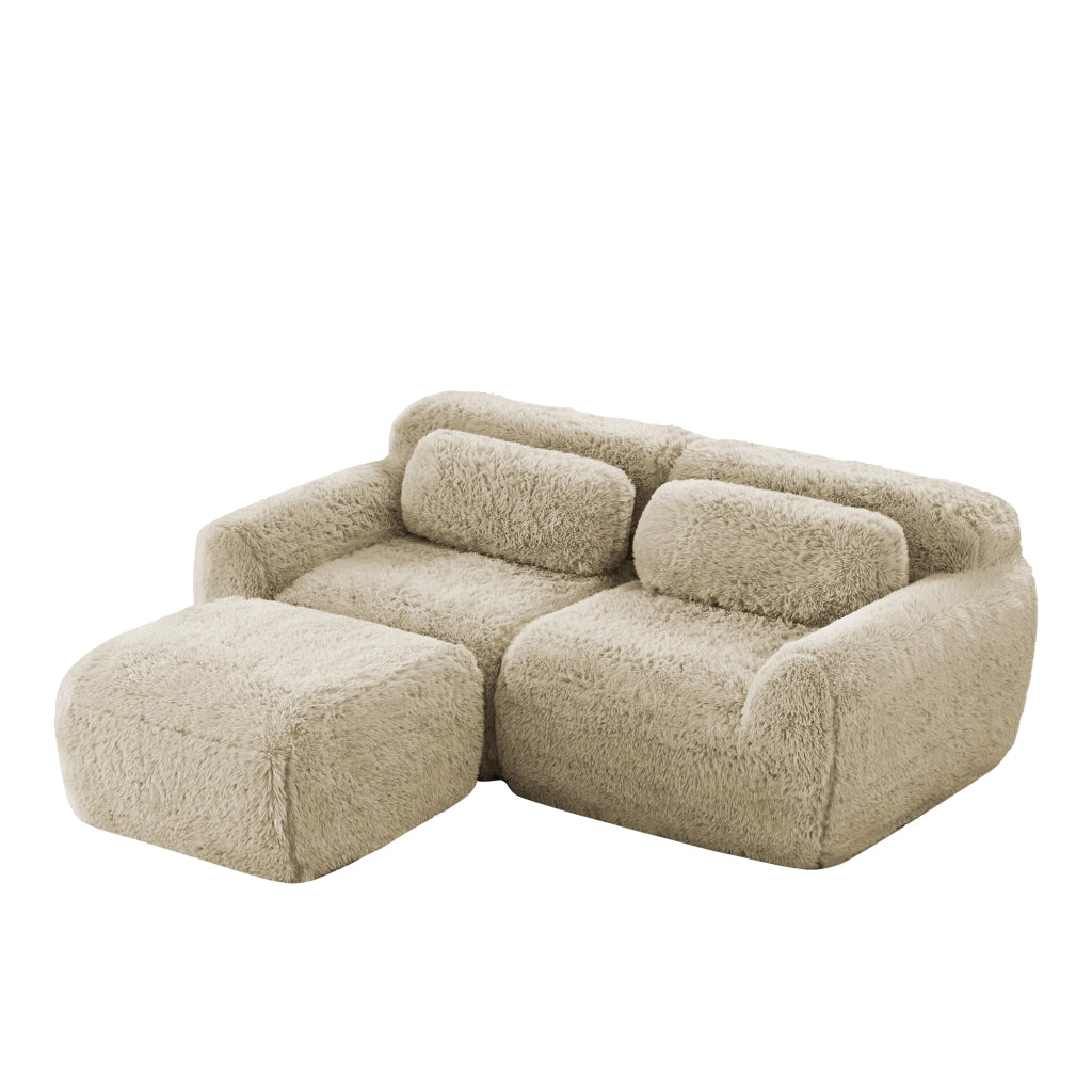 Divano Modulare 2 Posti Divano ad Angolo con Pouf Riconfigurabile in Peluche Cachi Chiaro