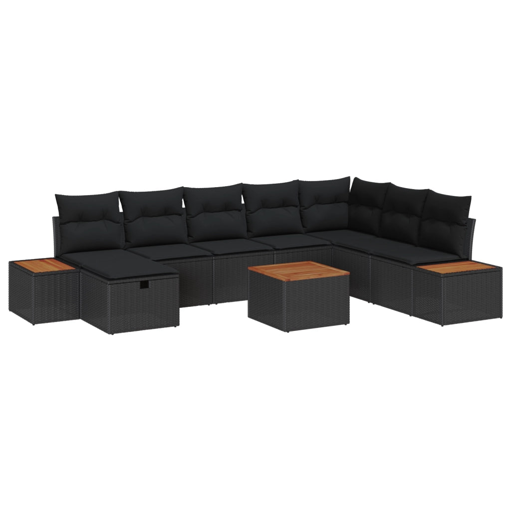 Set di Divani da Giardino  9 Pezzi con Cuscini Nero Poly Rattan