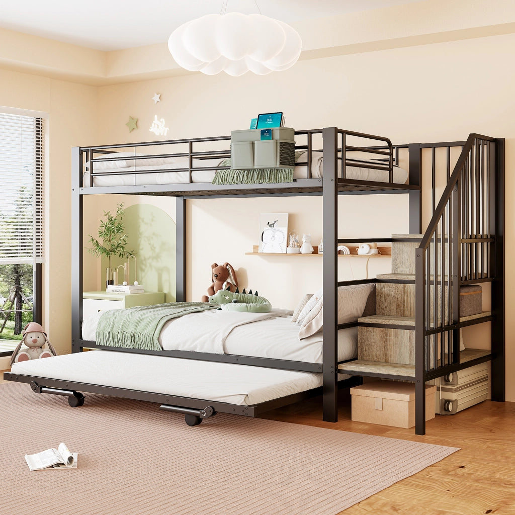 Letto a Castello 90x200 cm e 180x200 cm; con Letto Estraibile; Tasche in Tessuto; in Metallo; Nero