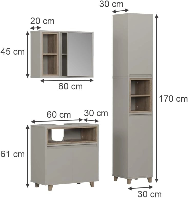 Set di mobili da bagno Elnor, Grigio, 60 cm, composto da mobile sottolavabo, specchiera e colonna alta