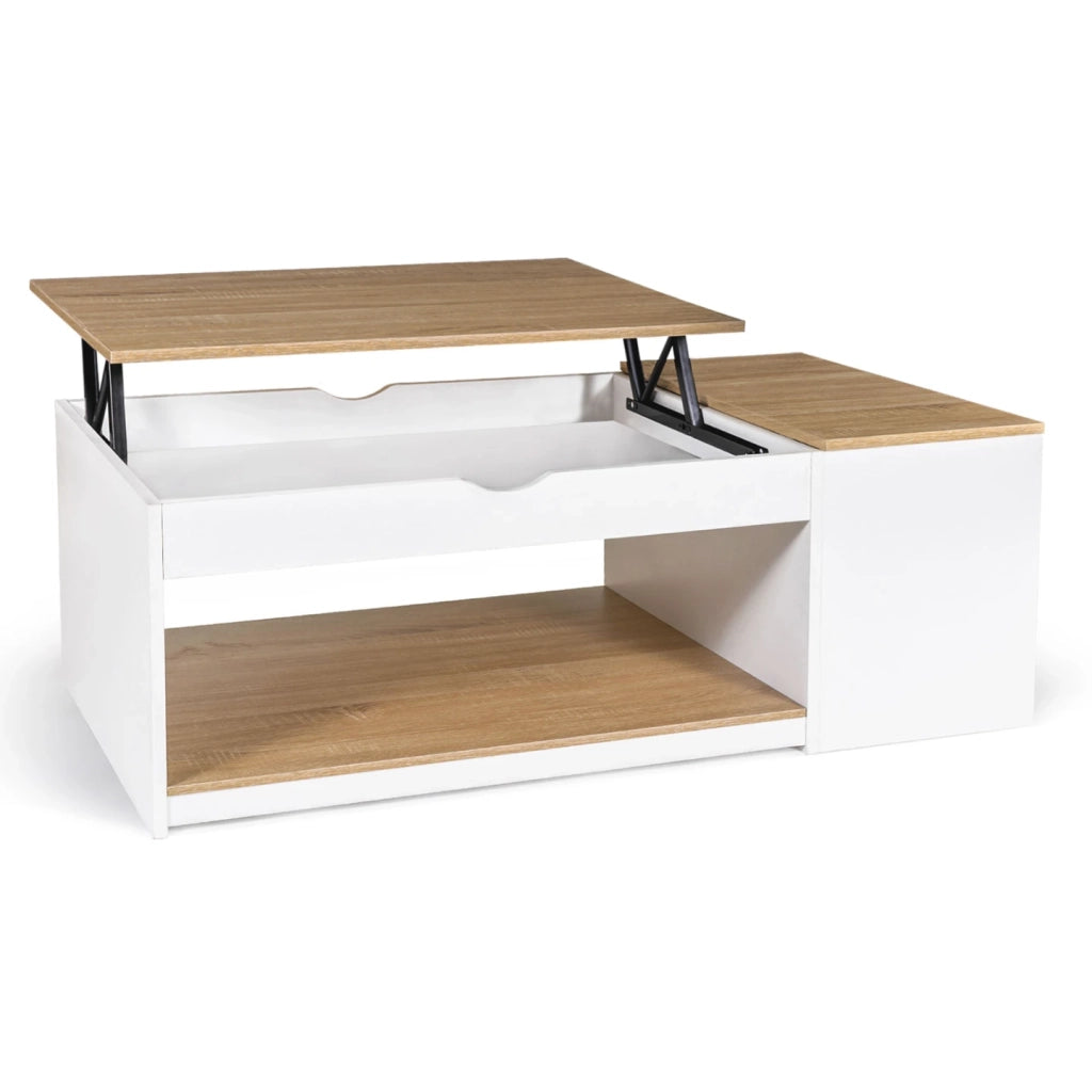 IDMarket - Tavolino ELEA sollevabile con scatola in legno bianco e faggio