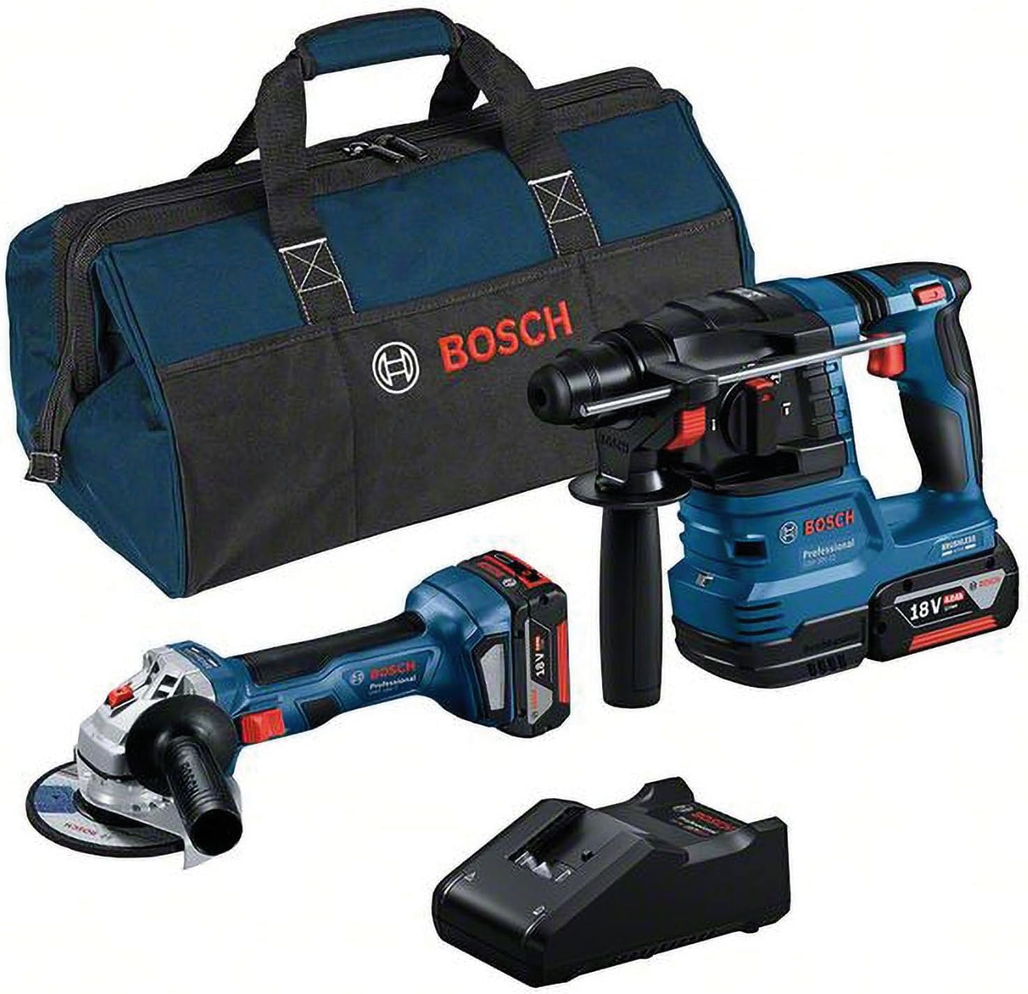 Bosch KIT Minismerigliatrice GWS 18V-7 + Martello GBH 18V-22 + Set ricarica