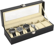 Cassetta orologio con 6 compartimenti, Cassetta orologio con coperchio vetrato, Cassetta orologio con cuscinetti orologio rimovibili, Cassetta orologio, Scatola orologio regalo idea per compleanno, papà, Natale, Nero
