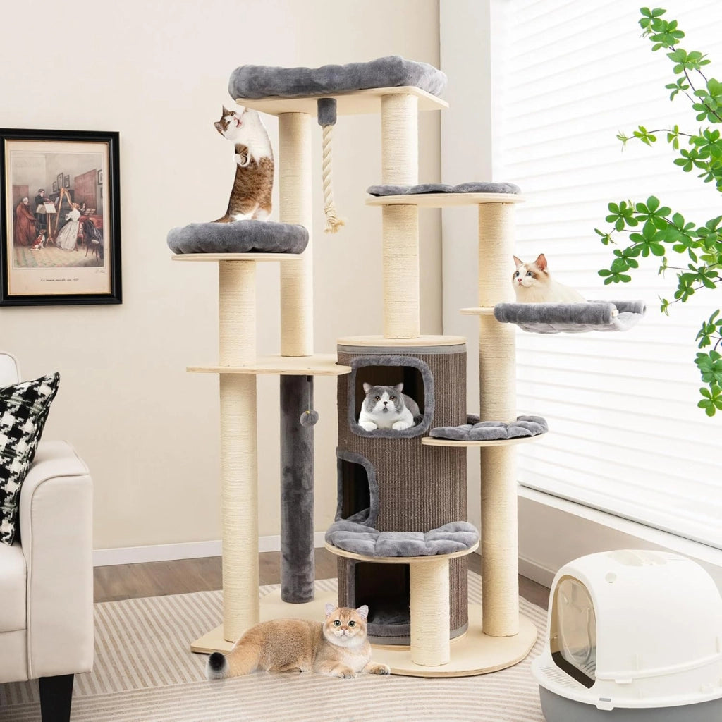 Albero Tiragraffi da 173 cm per Gatti, Torre per Gatti in Legno con Nicchia a 3 Piani, 2 Cucce Tiragraffi, Piattaforme, Amaca, Mobili Moderni per Gatti da Interno (Grigio)