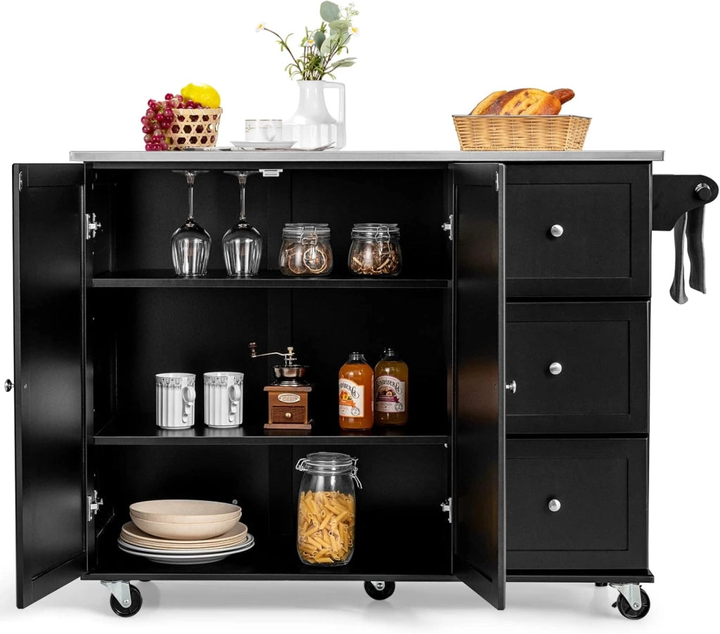 Carrello da cucina con piastra in acciaio inox, armadio da cucina con ruote, isola da cucina mobile con 3 cassetti e ripiani regolabili, carrello da portata in legno, carrello da cucina, 135 x