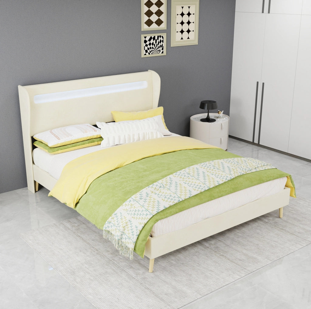 Letto imbottito con LED regolabile 140 x 200 cm in tessuto e metallo beige