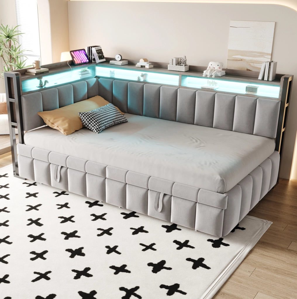 Divano letto imbottito 90x200 cm grigio con letto estraibile, LED, USB e Type-C