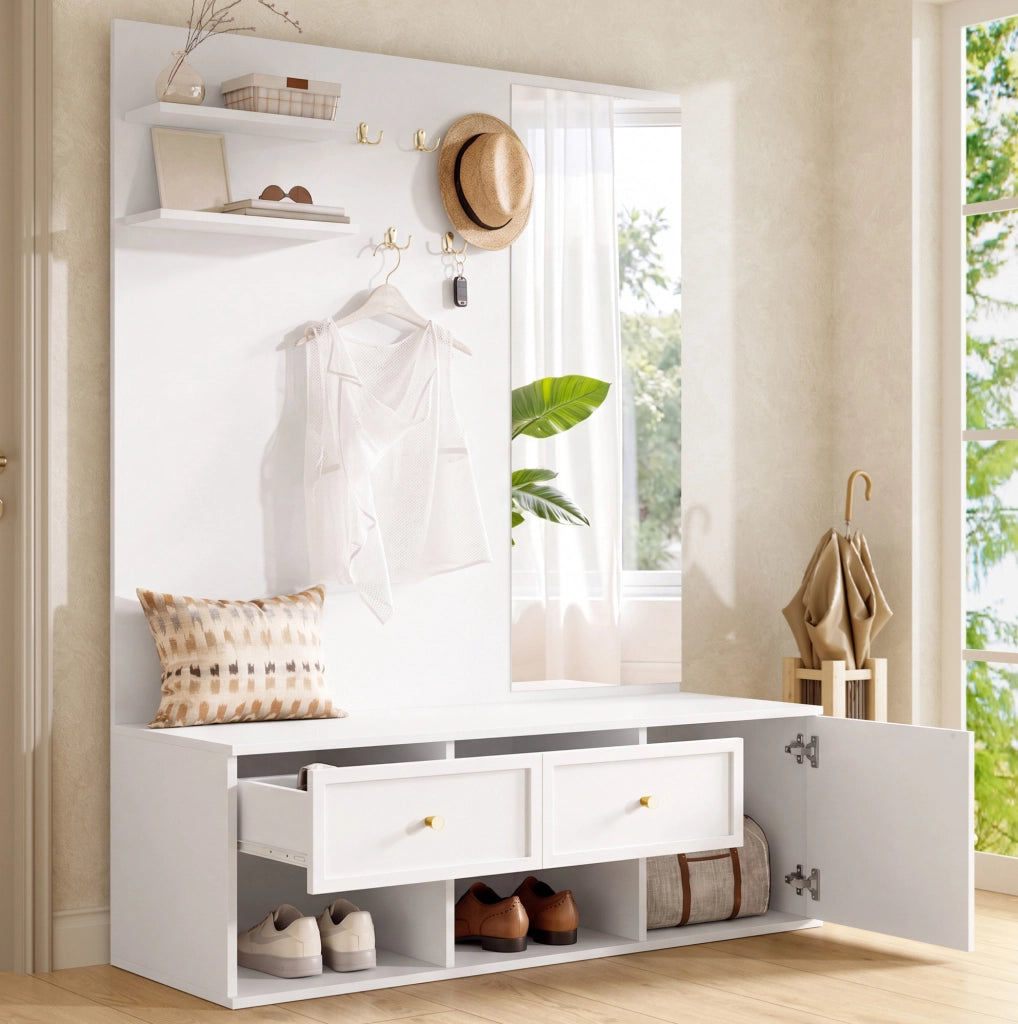 Set appendiabiti da parete con specchio, cassetti e panca, bianco, 120x35x159 cm