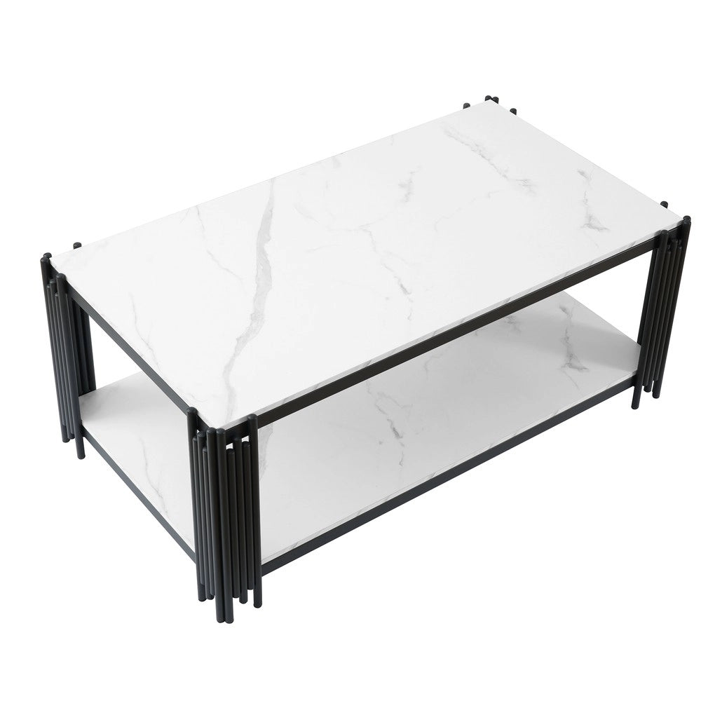 Tavolino da Salotto Rettangolare ¨C MINIMAL ¨C Piano Effetto Marmo, Gambe in Metallo, Bianco/Nero, 140x64x46 cm