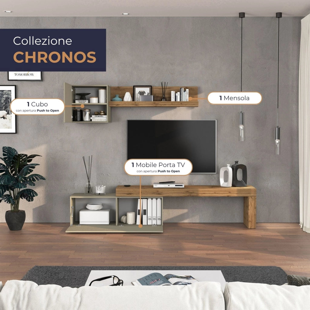 WHOUS Parete attrezzata Chronos set soggiorno tortora opaco e rovere 180/290x40 cm