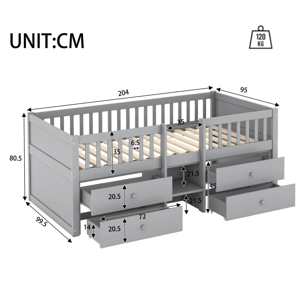 LETTO Semialto 90x200 cm Grigio con 4 Cassetti, Scala e Grembiule di Sicurezza