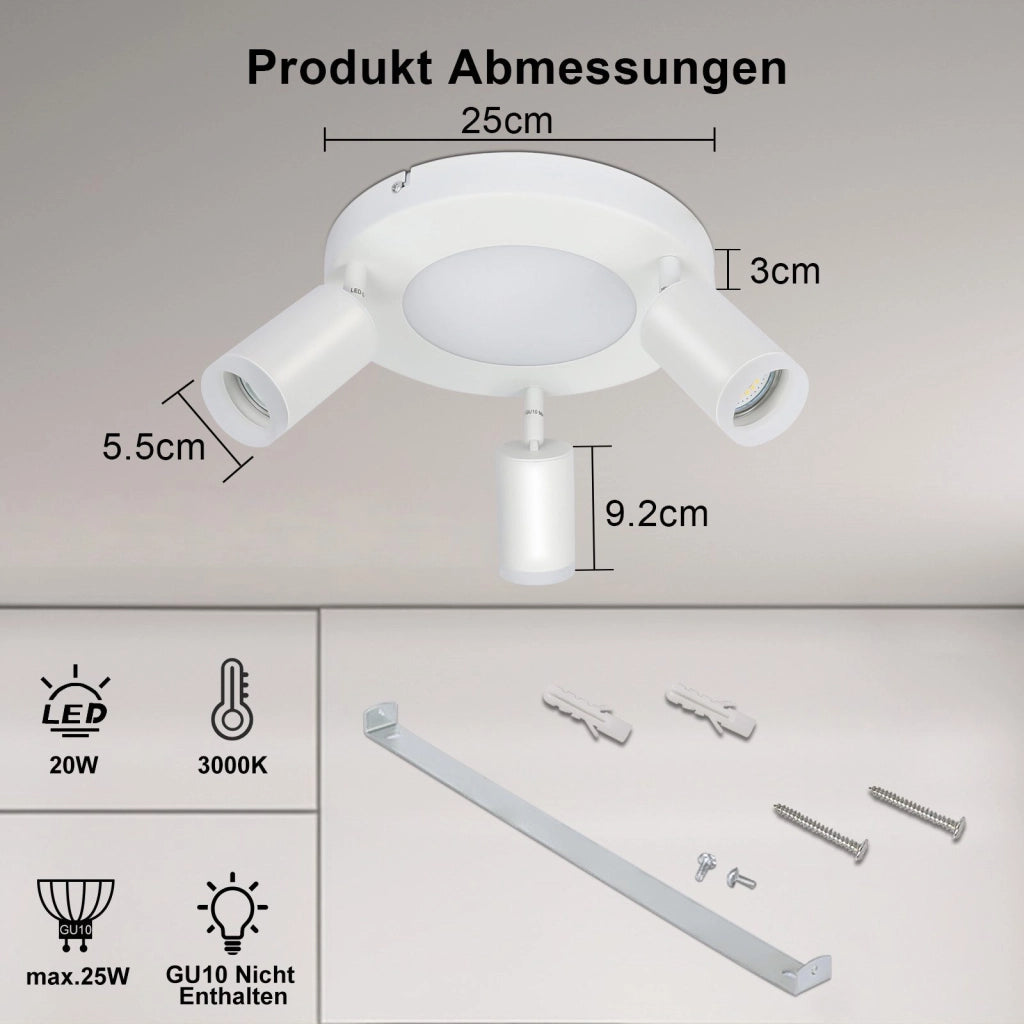 ZMH Faretto da soffitto 3 lampadine GU10 20W camera da letto 3000k lampada cucina metallo orientabile
