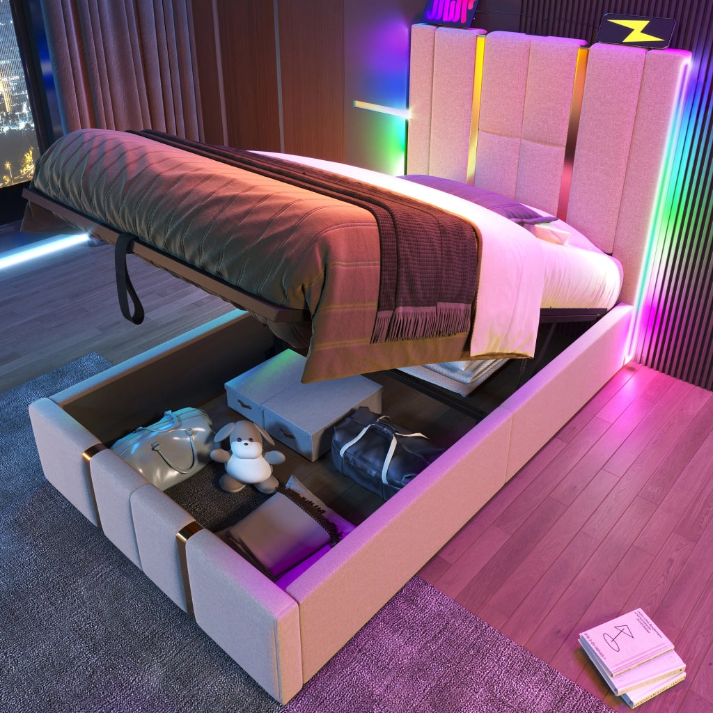 LETTO Imbottito 90x200 cm Beige con USB-C, LED RGB e contenitore