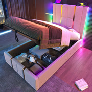 LETTO Imbottito 90x200 cm Beige con USB-C, LED RGB e contenitore