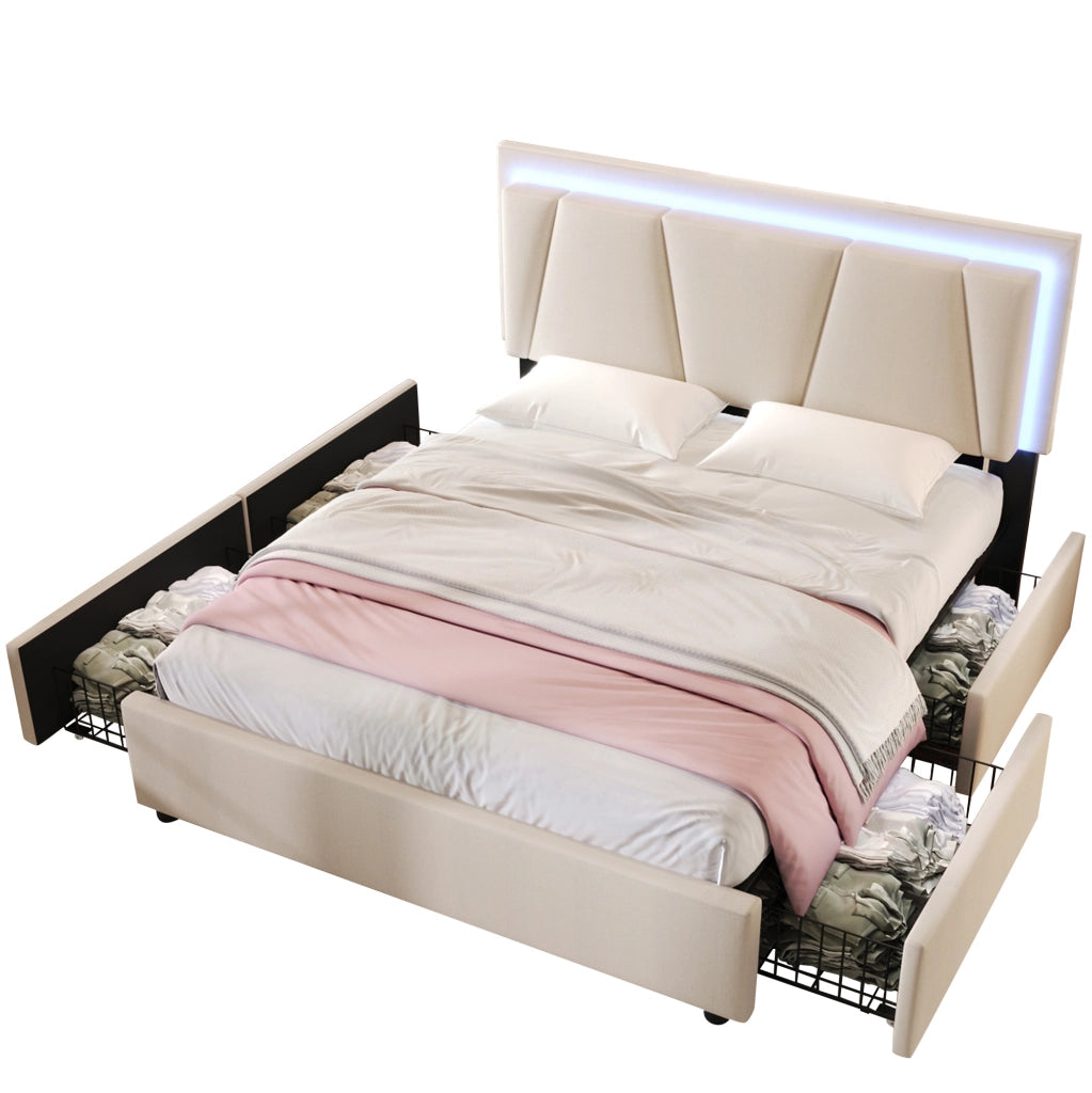 Letto matrimoniale 160x200 cm beige con LED, 4 cassetti e materasso