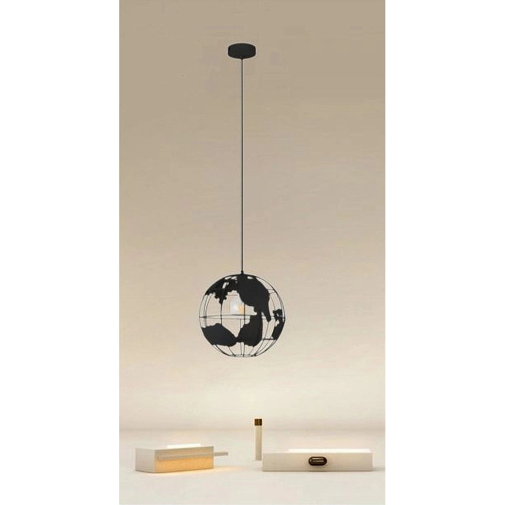 Trade Shop - Lampadario A Sospensione Mappamondo E27 In Metallo Nero Sfera Globo Sospeso 33948 -