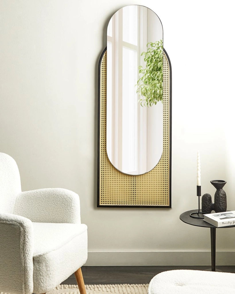 Specchio da parete di forma ovale con cornice in rattan e metallo nero 53 x 143 cm ingresso soggiorno camera da letto