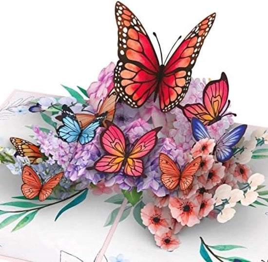 Carta di compleanno 3D con farfalle e fiori - Carta di auguri per donne, amiche e madri - Inclusa carta per note per messaggi personalizzati - Rosa
