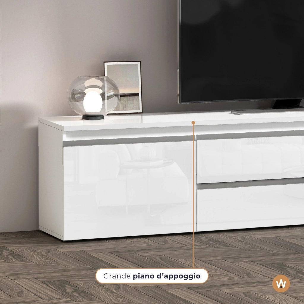 WHOUS Mobile porta tv Magic 2 ante e 2 cassetti centrali bianco lucido 240x40x55 cm