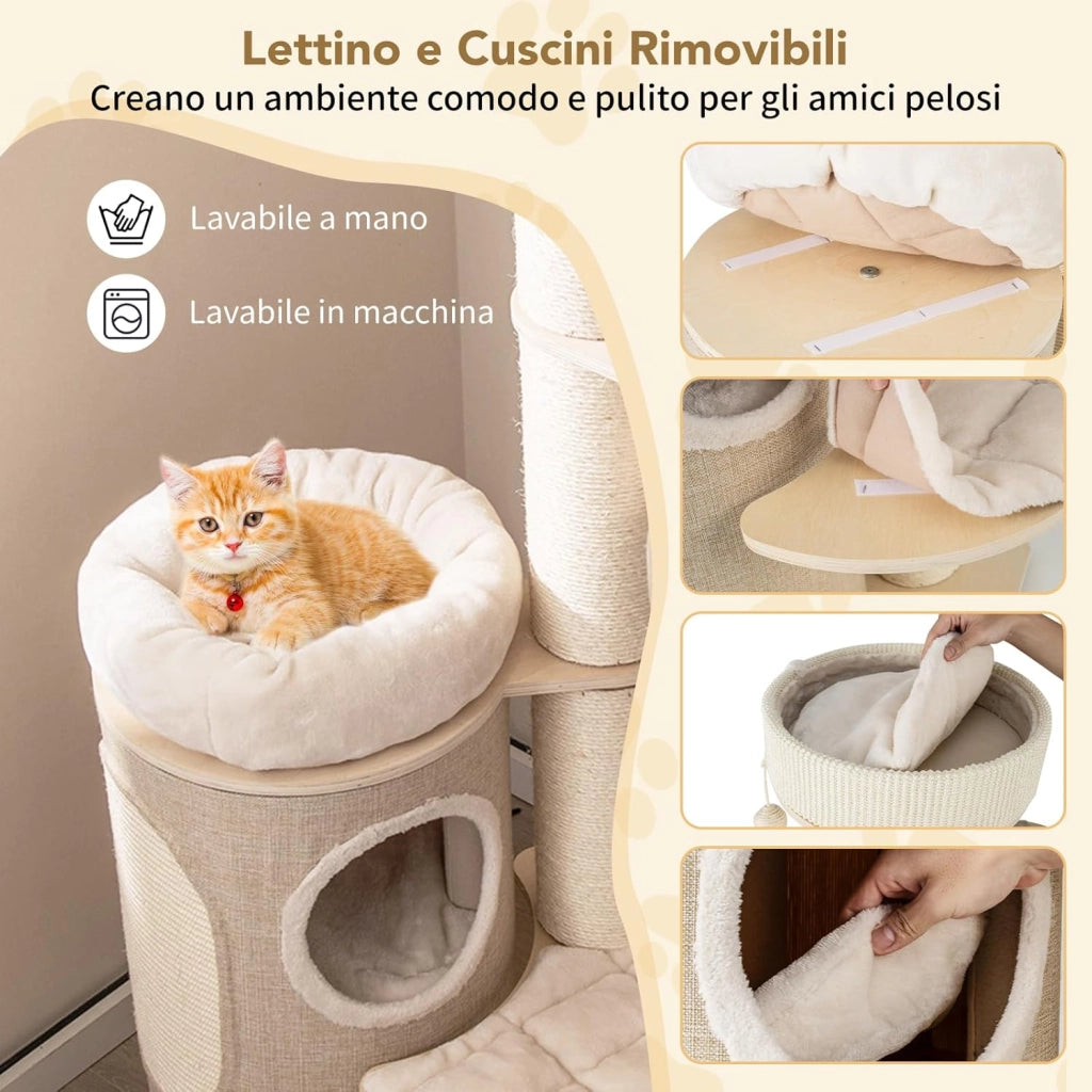 Albero per Gatti da 154 cm, Torre per Gatti Multi-livello con Condominio a 2 Piani, Ampio Piazzale, Tiragraffi in Sisal, Moderno Centro Giochi per Gattini
