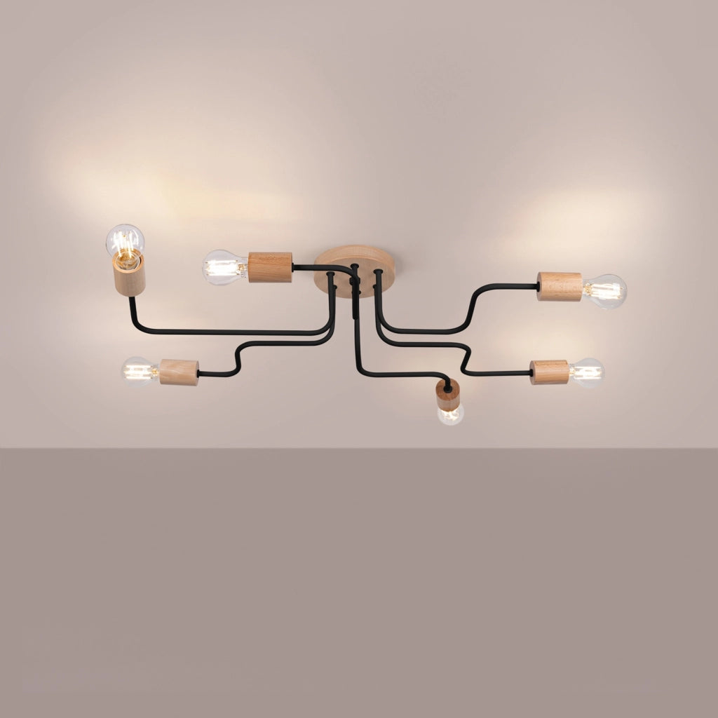 Lampadario industriale nero legno 6xE27 PALMOS Pure Lume