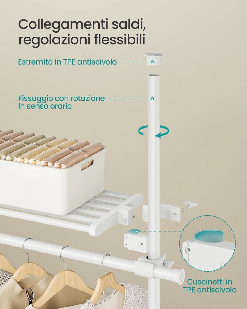 HSR155W01-3 ripiani regolabili in altezza e larghezza, armadio aperto con 6 aste per vestiti e 3 ripiani rimovibili, braccio di presa, bianco opaco