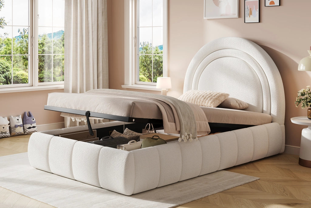 Letto per bambini 90 × 200 cm con contenitore idraulico e testiera imbottita, senza materasso, in bouclé beige