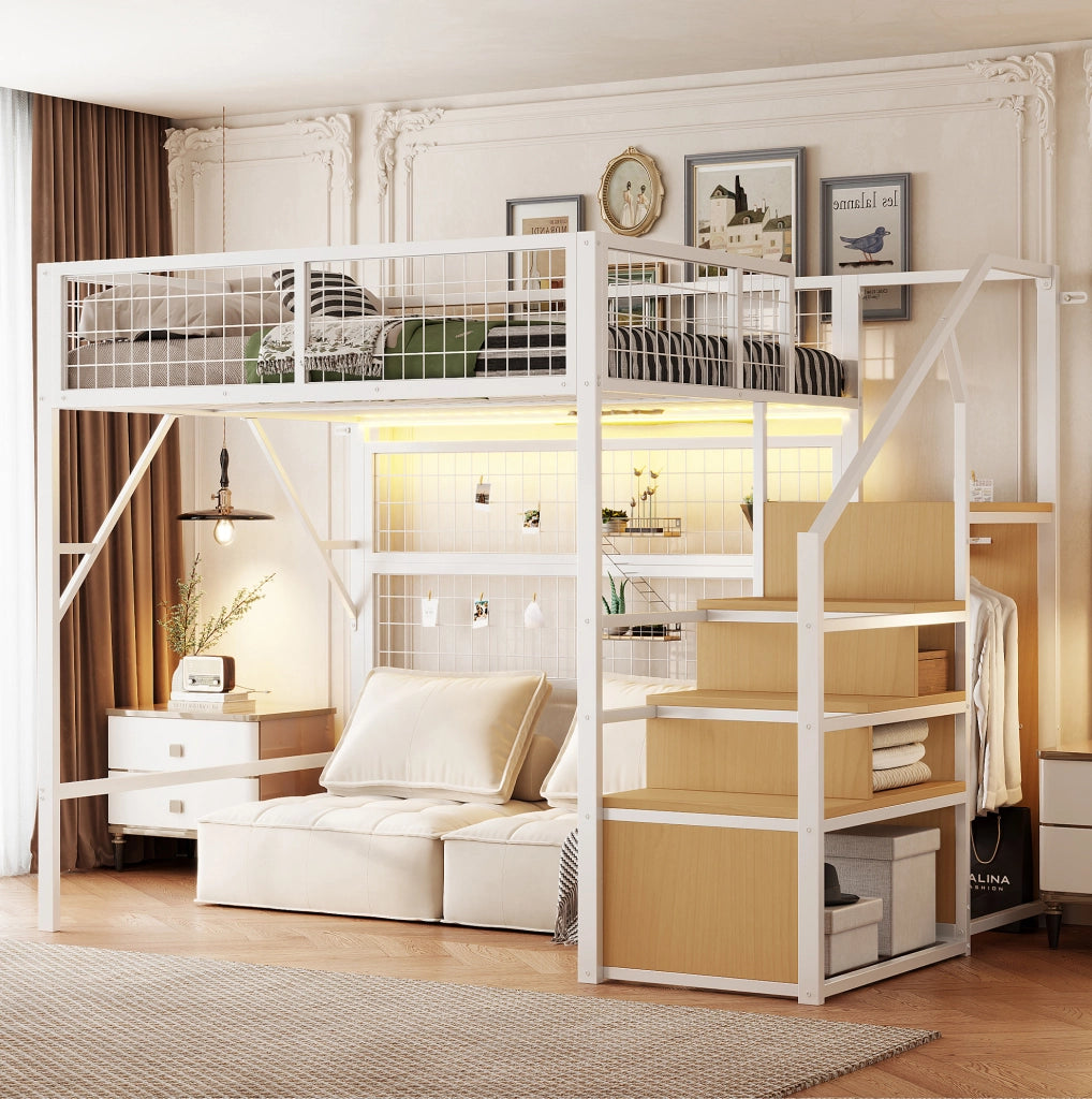 Letto a soppalco 140x200 cm in metallo con LED e scala