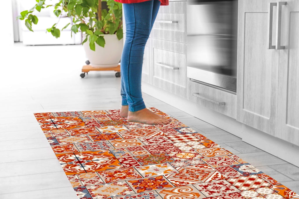 Tappeto passatoia fantasia made in Italy antiscivolo lavabile aderente Fantasia Maiolica , Piastrelle Arancio - 50x200cm