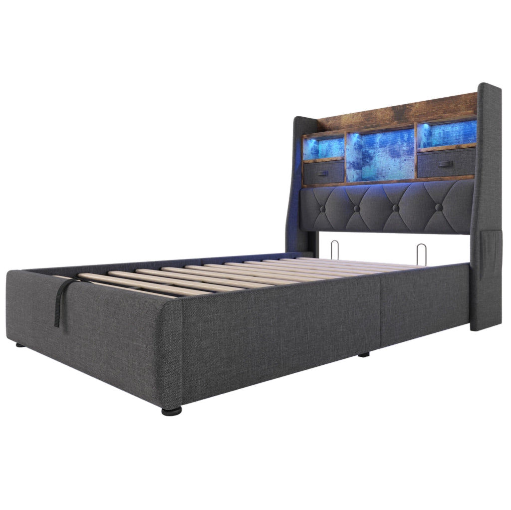 Letto singolo 90x200 cm contenitore con LED; USB C e tessuto lino grigio