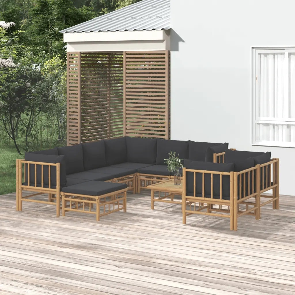 Set Salotto da Giardino 10pz con Cuscini Grigio Scuro Bambù 3155224