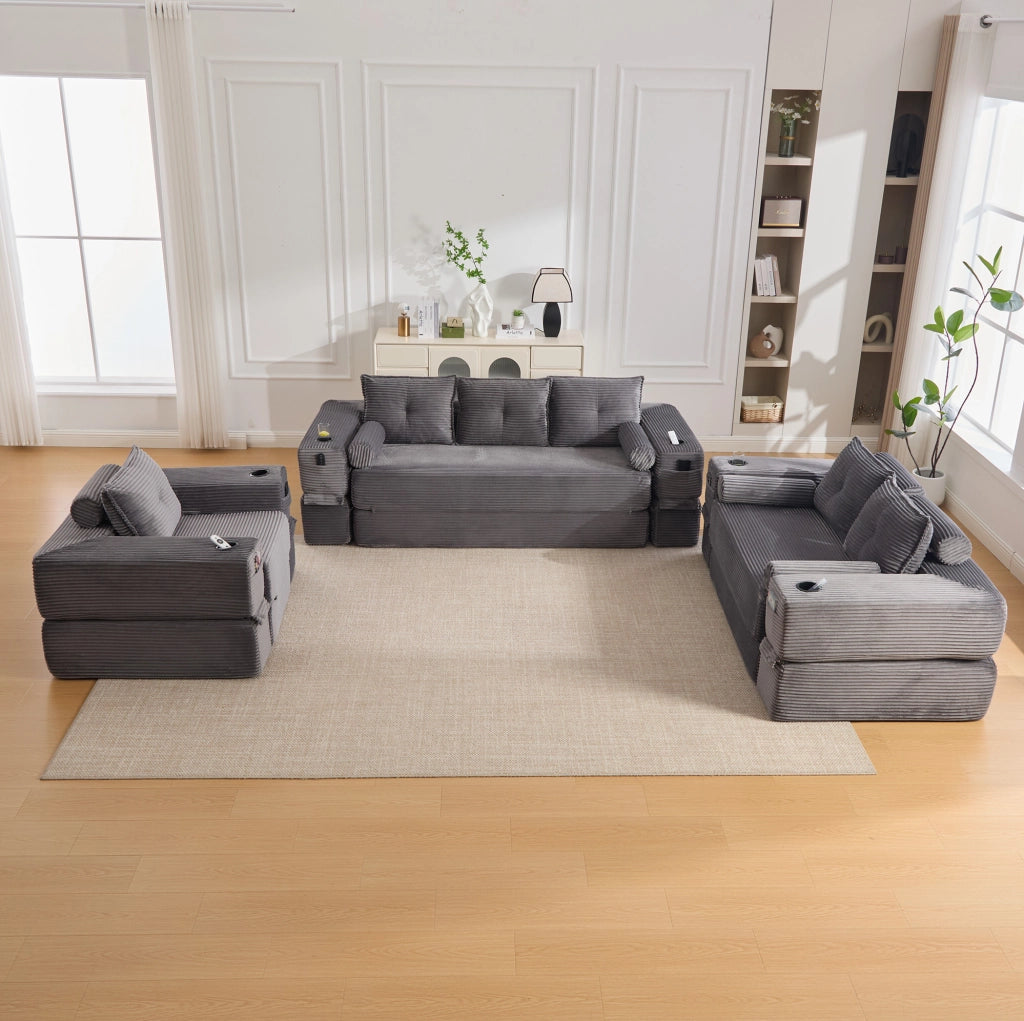 Divano letto 3 posti 232x98x80 cm grigio scuro, pieghevole con portabicchieri,